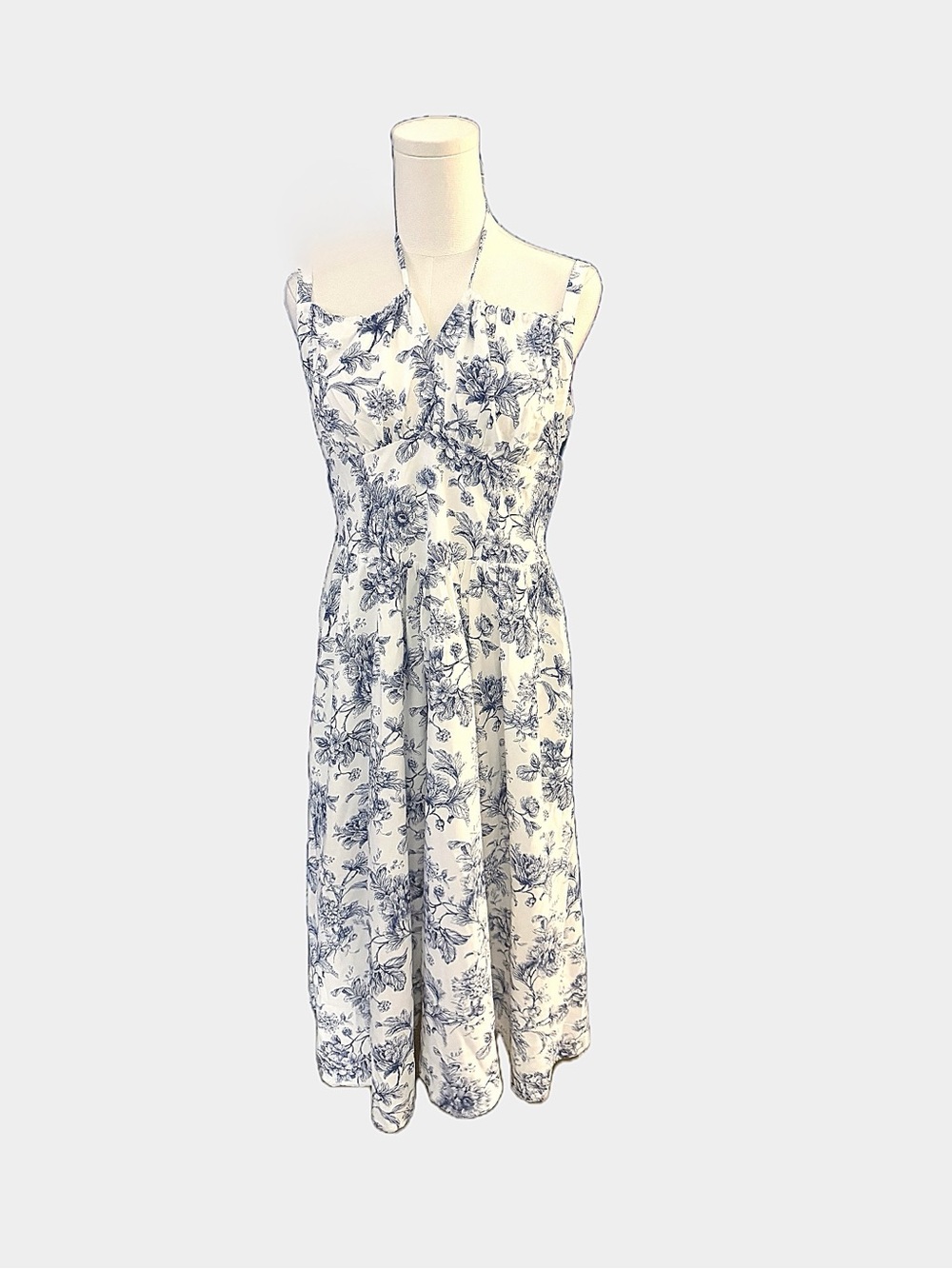 Scarlet Darkness Blue White Floral Toile Halter Midi Dress Size L NWT - Picture 2 of 10